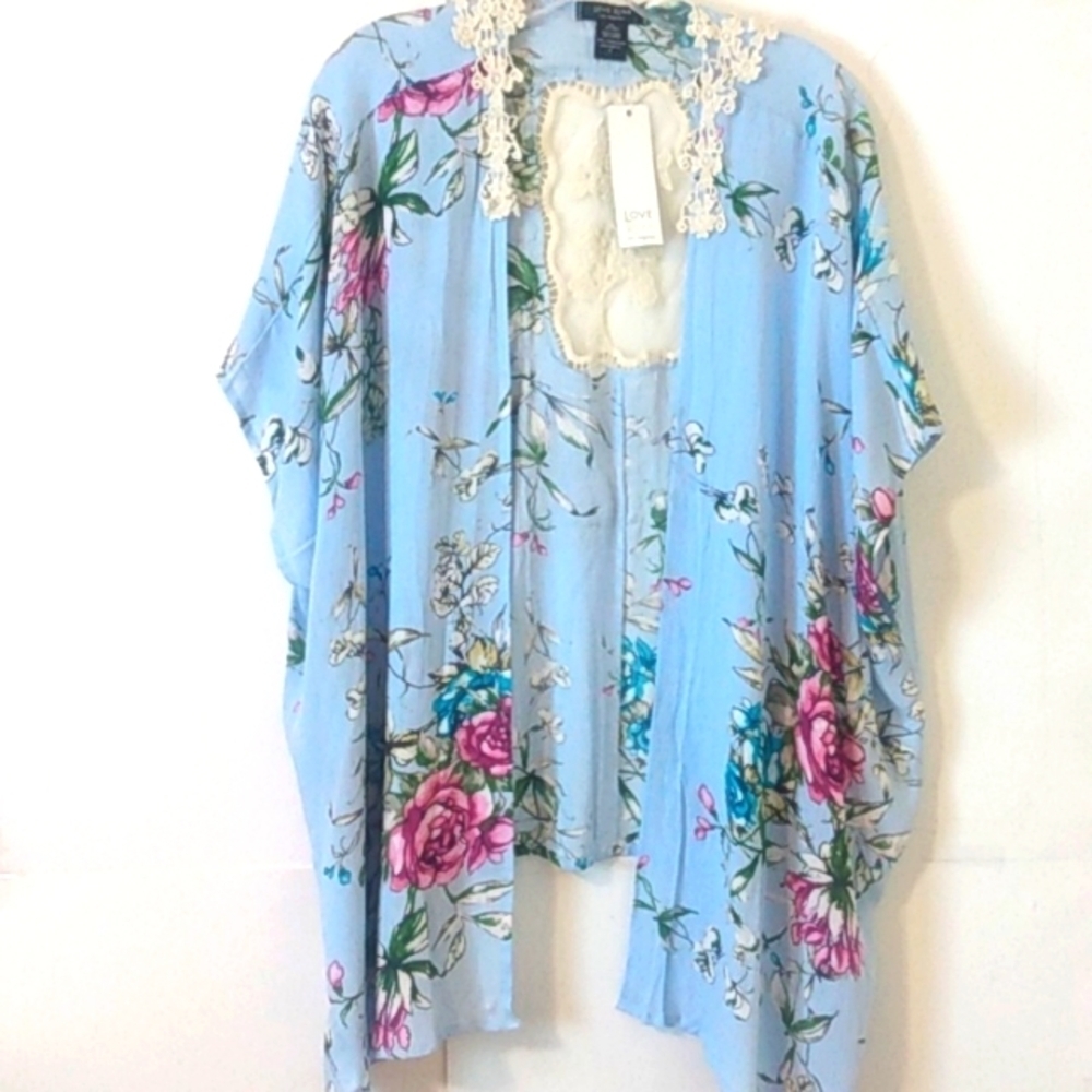 LOVE RYAN BLUE FLORAL CROCHET SMOCK DUSTER SWIMSUIT COVER-UP SIZE MEDIUM NWT